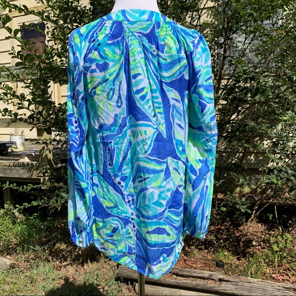 SMALL Lilly Pulitzer Blue Beckon Palm Passage Tropical Elsa Button Down Top XXS - Picture 9 of 13